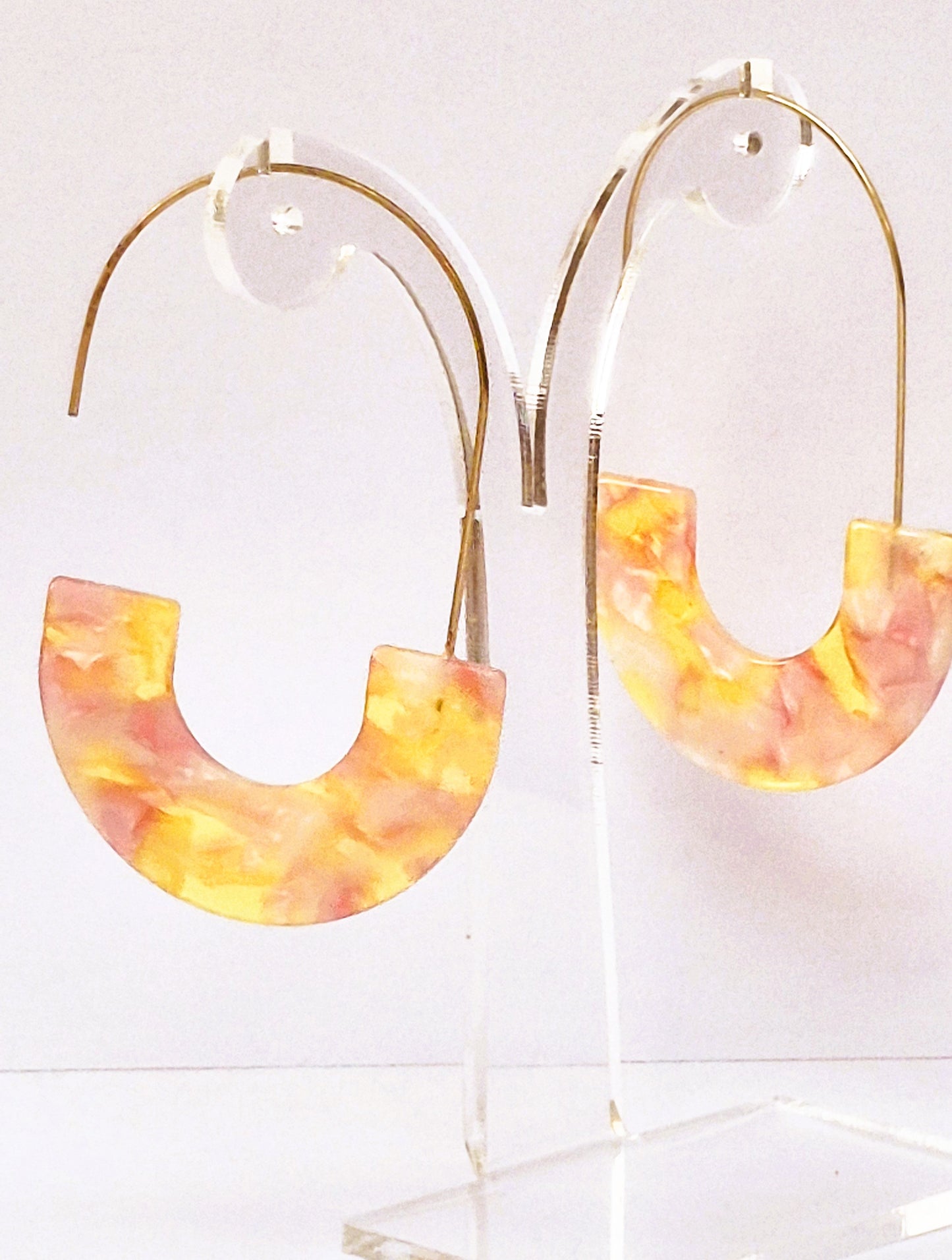 Pink and Yellow Marbled Resin Hoop Earrings