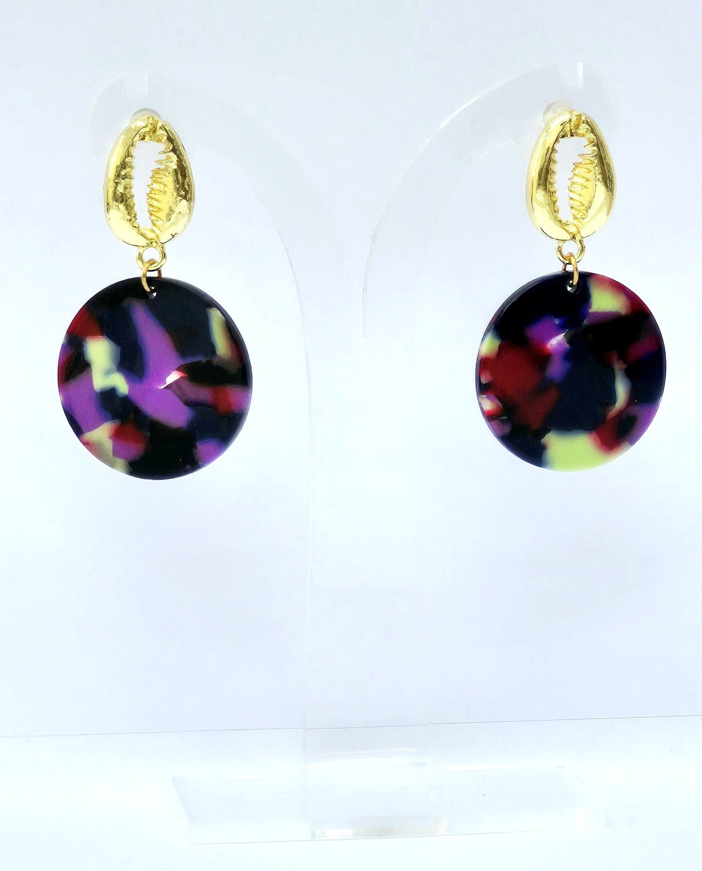 Gold Cowrie Shell with Multicolored Marble Resin Circle Earrings