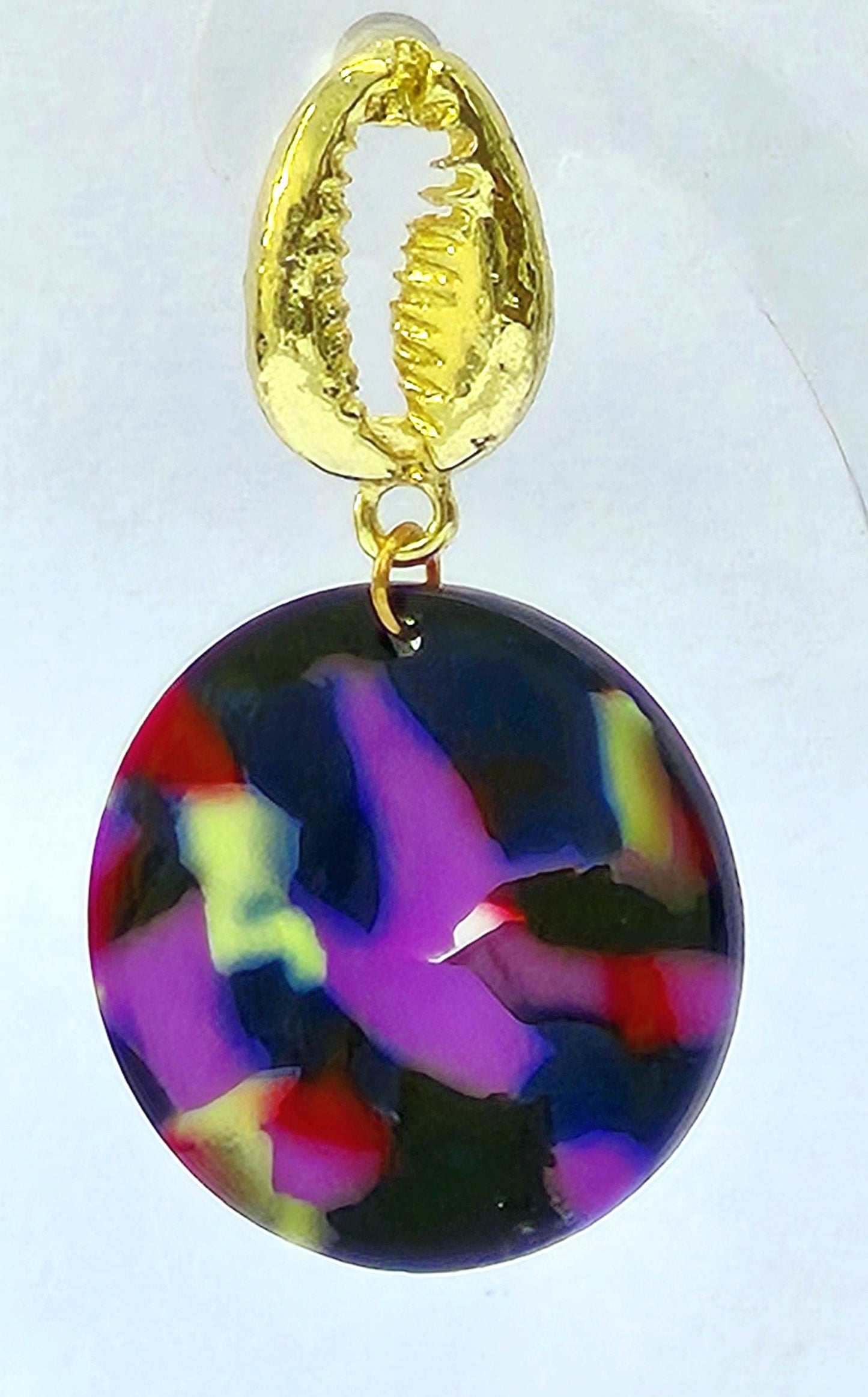 Gold Cowrie Shell with Multicolored Marble Resin Circle Earrings