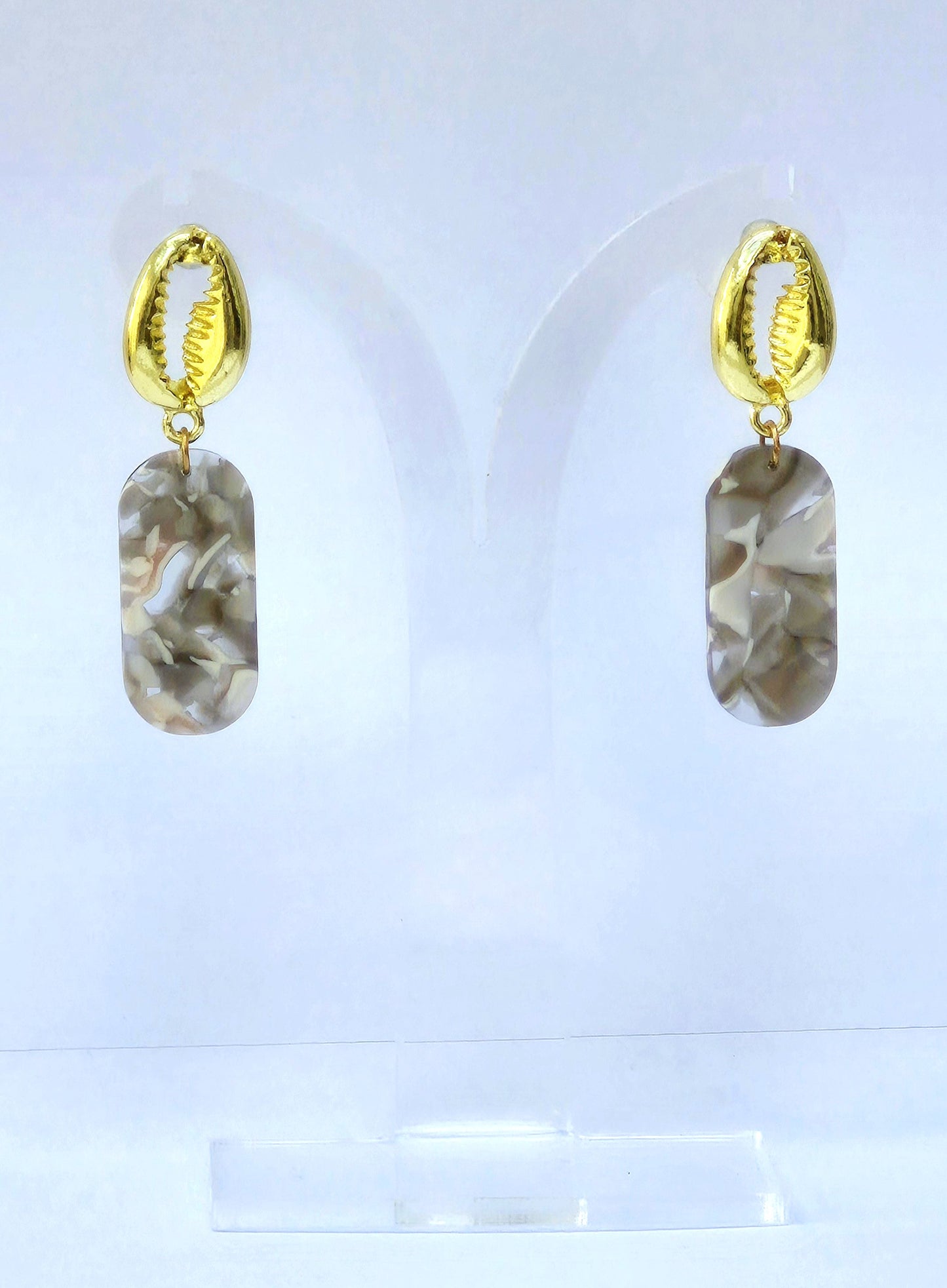 Gold Cowrie Shell with Grey and White Marble Resin Oblong Earrings