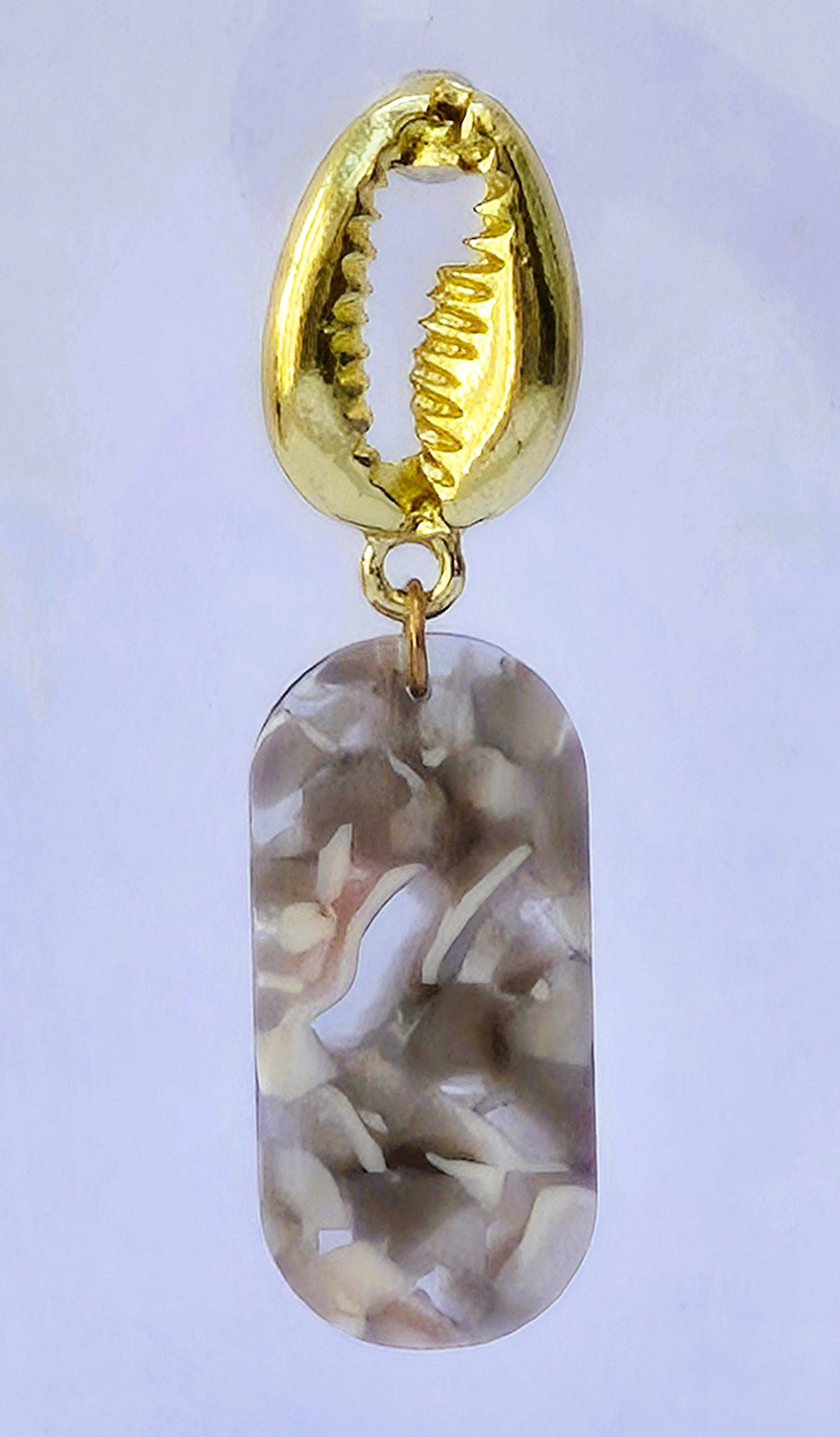 Gold Cowrie Shell with Grey and White Marble Resin Oblong Earrings