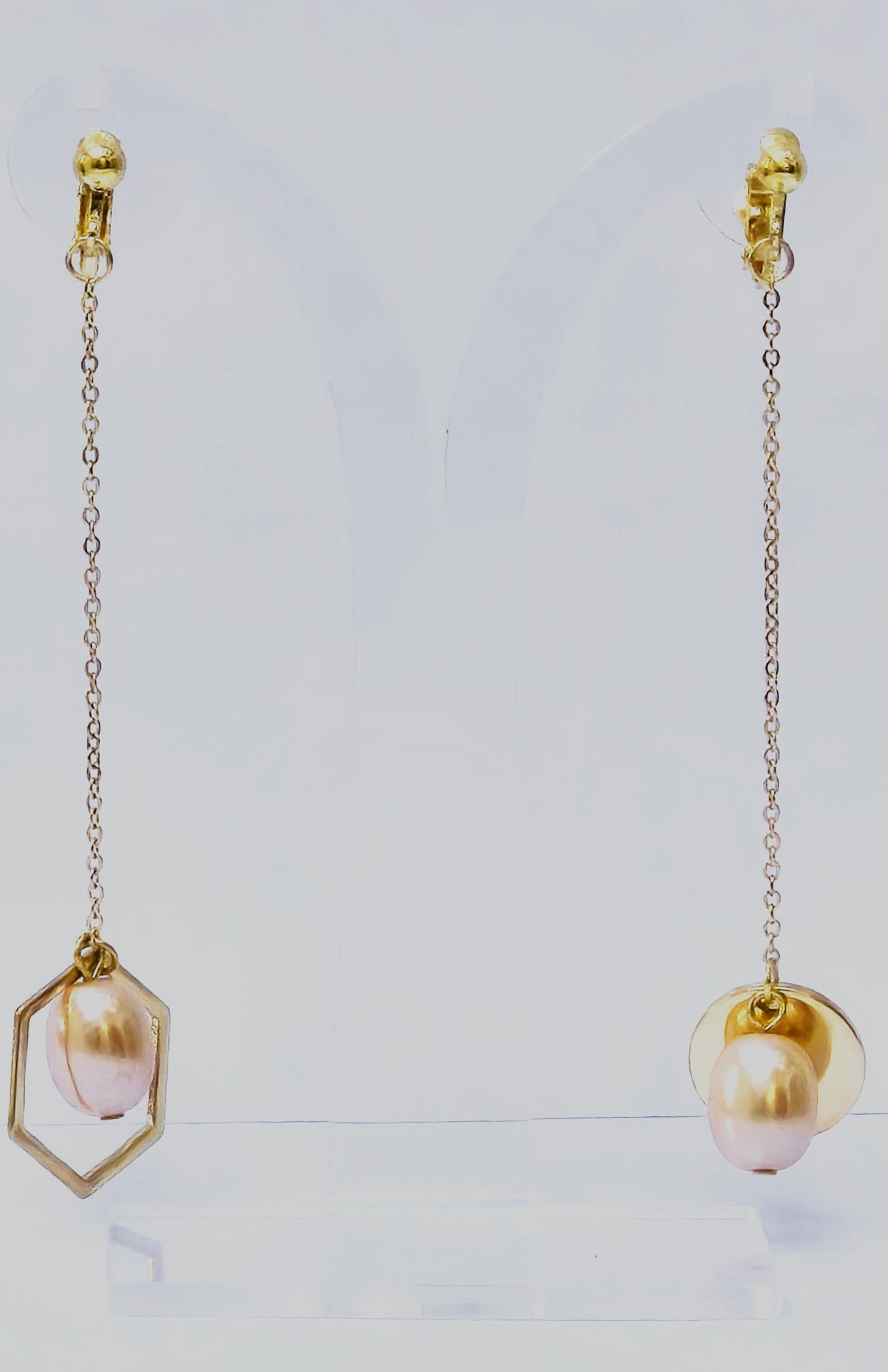 Gold Mismatched Geometric, Chain Pearl Drop Earrings