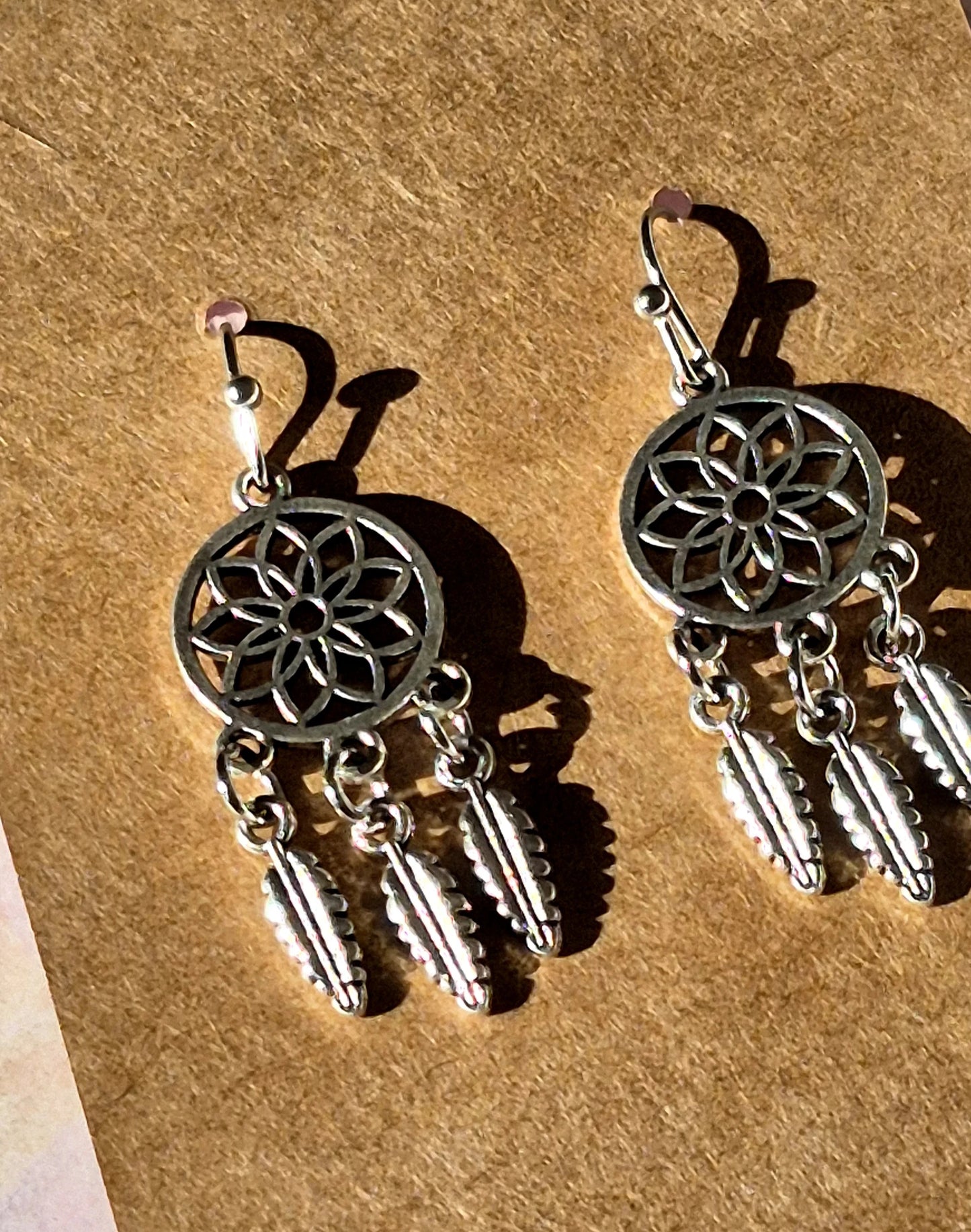 Silver Dreamcatcher Feathered Earrings