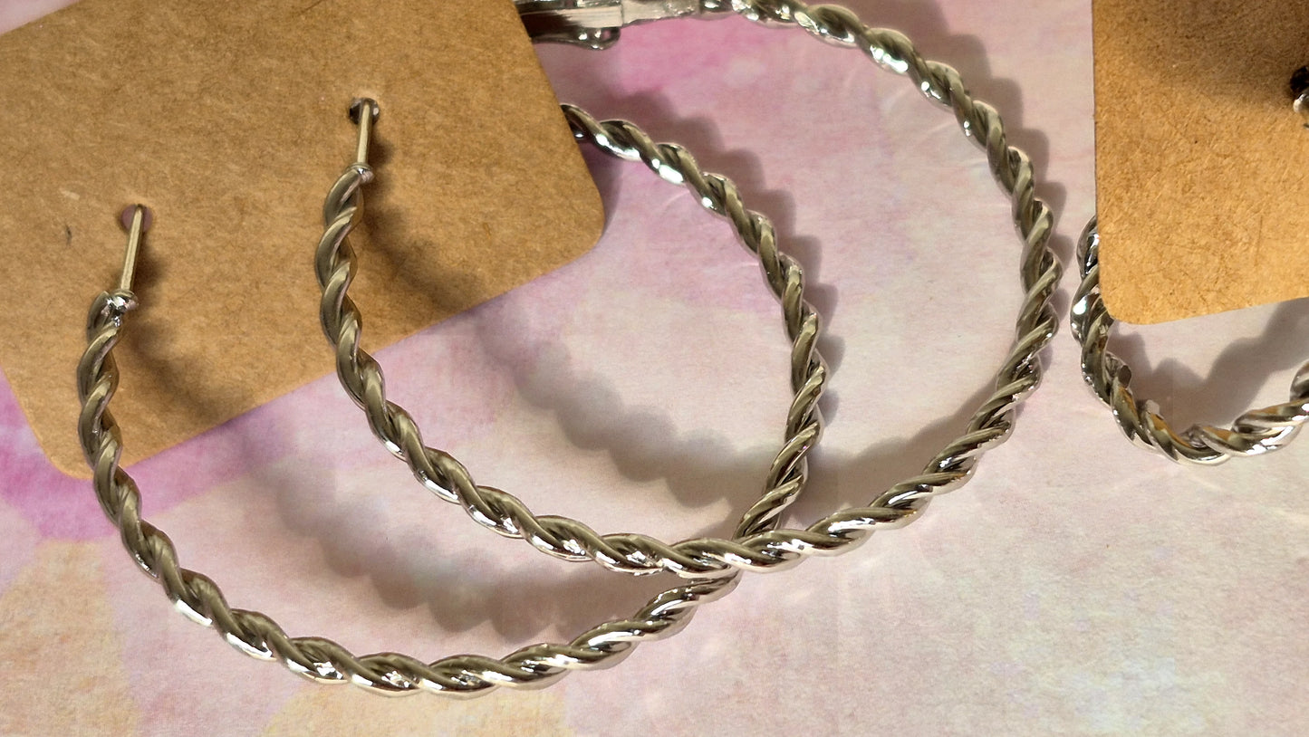 Silver Twisted Medium Hoop Earrings