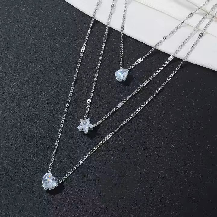 Multi-layer Rhinestone Silver Crystal Necklace