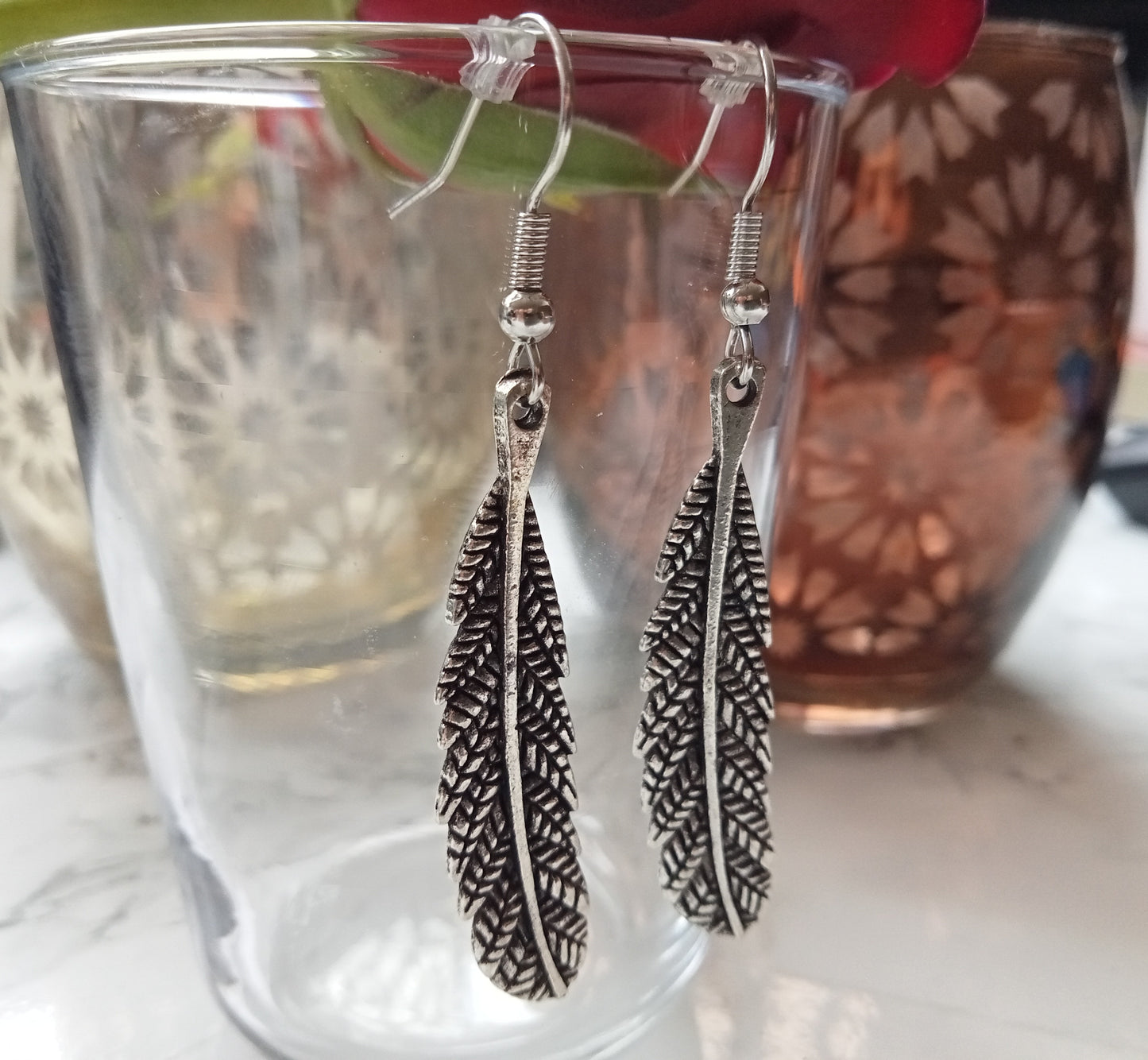 Silver Engraved Feathered Earrings