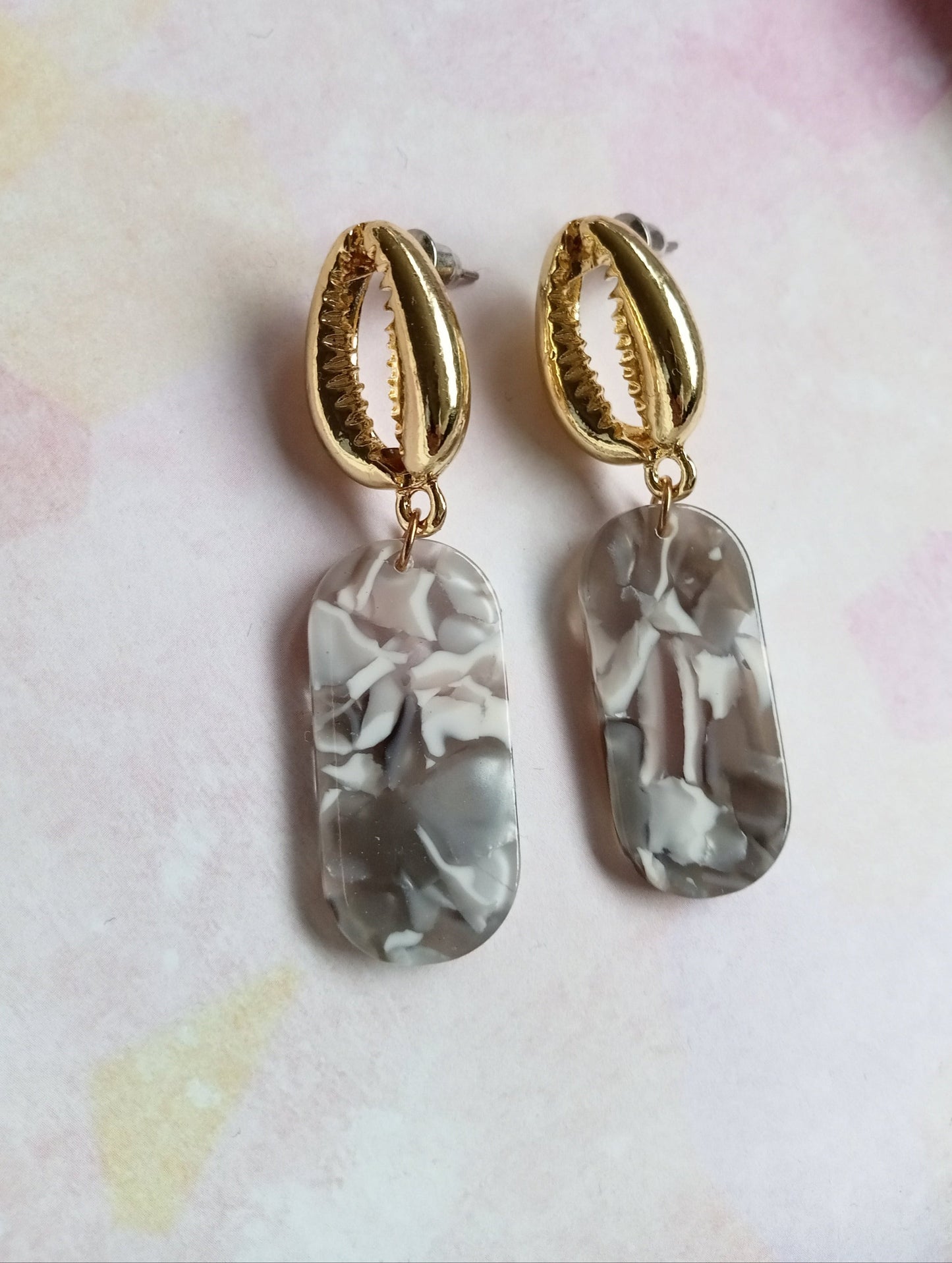 Gold Cowrie Shell with Grey and White Marble Resin Oblong Earrings