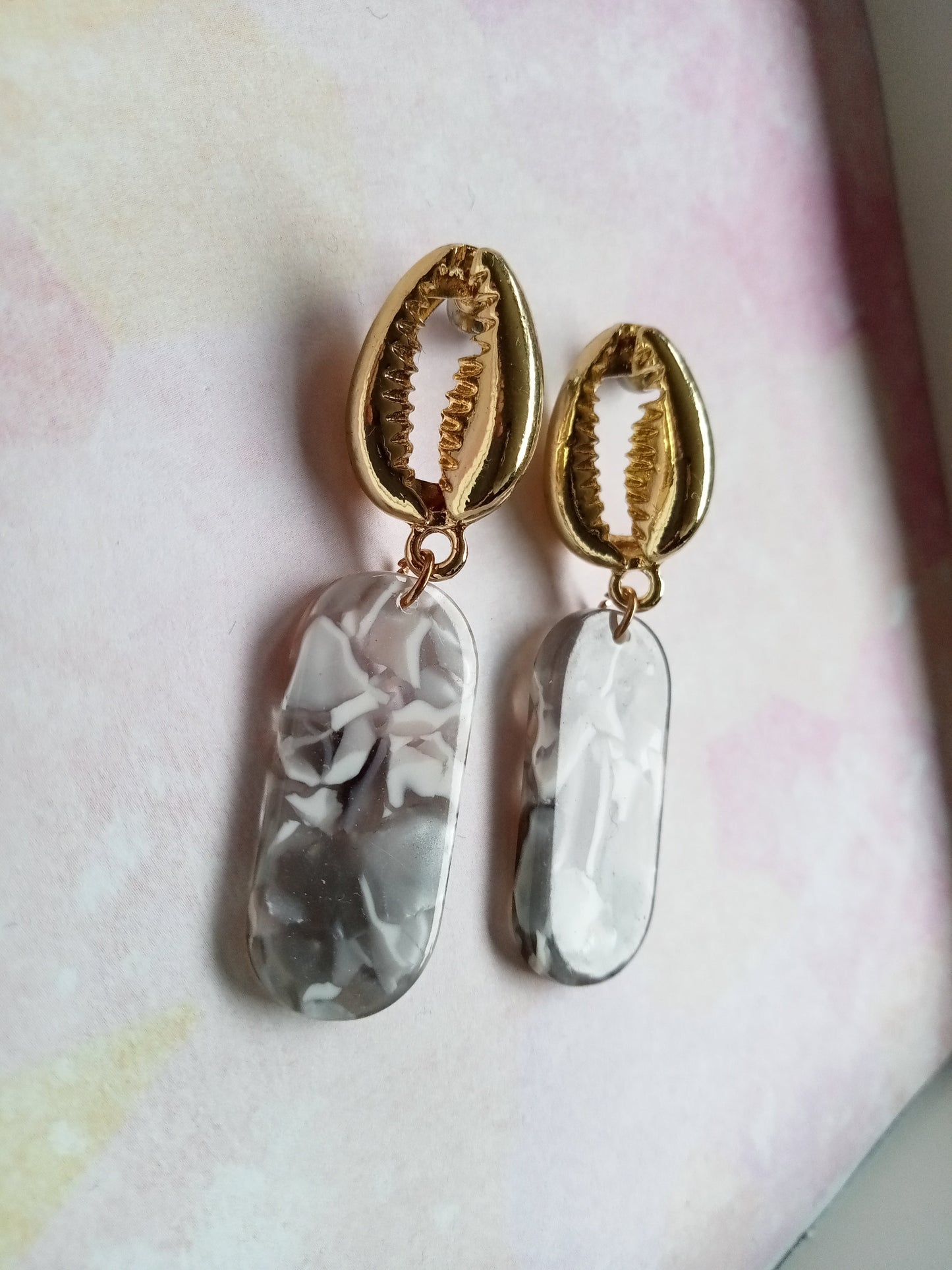 Gold Cowrie Shell with Grey and White Marble Resin Oblong Earrings