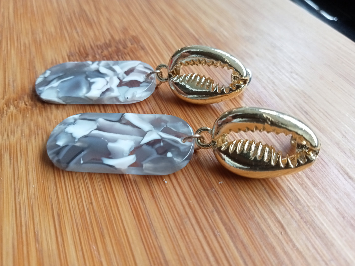Gold Cowrie Shell with Grey and White Marble Resin Oblong Earrings