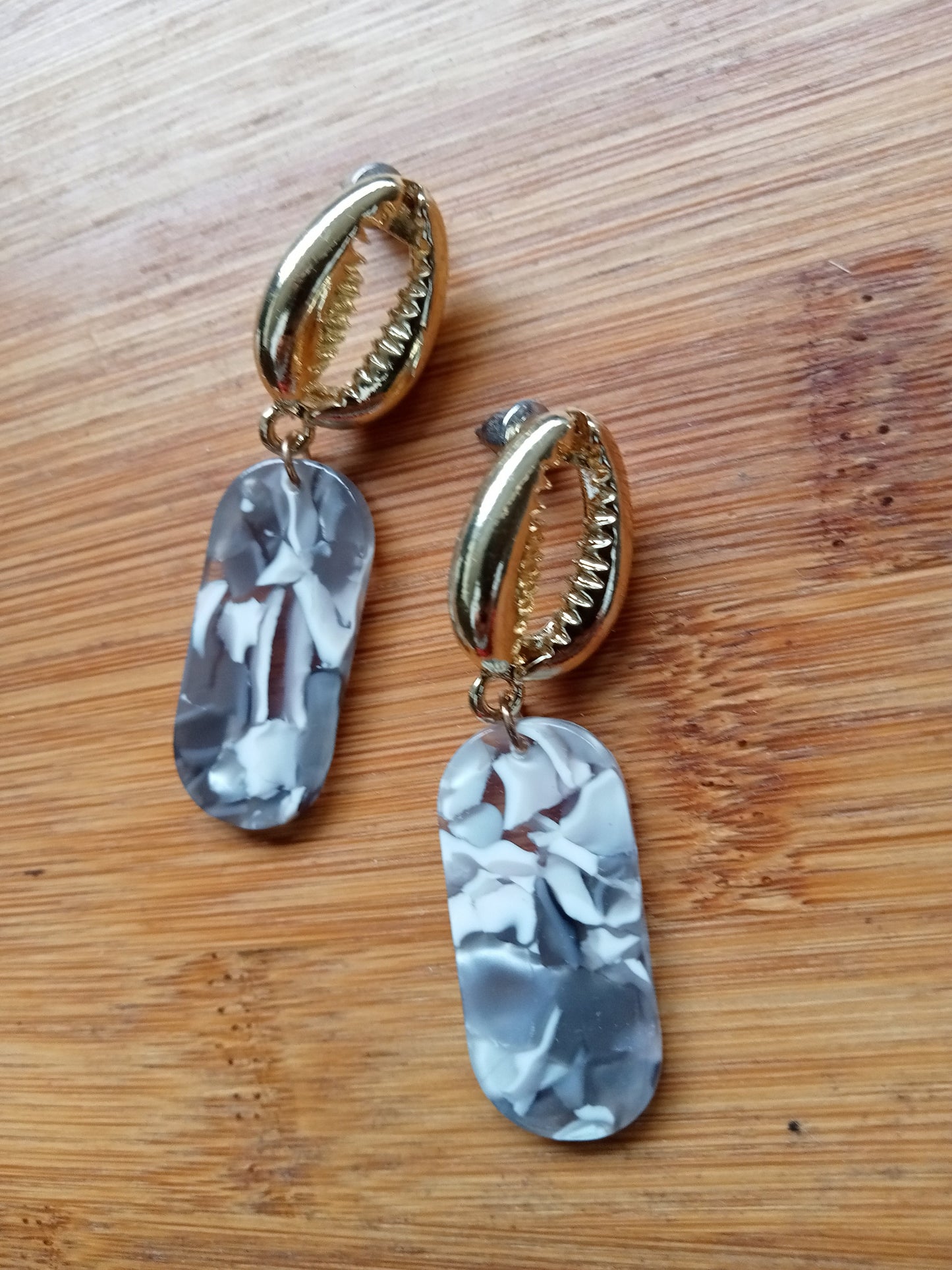 Gold Cowrie Shell with Grey and White Marble Resin Oblong Earrings
