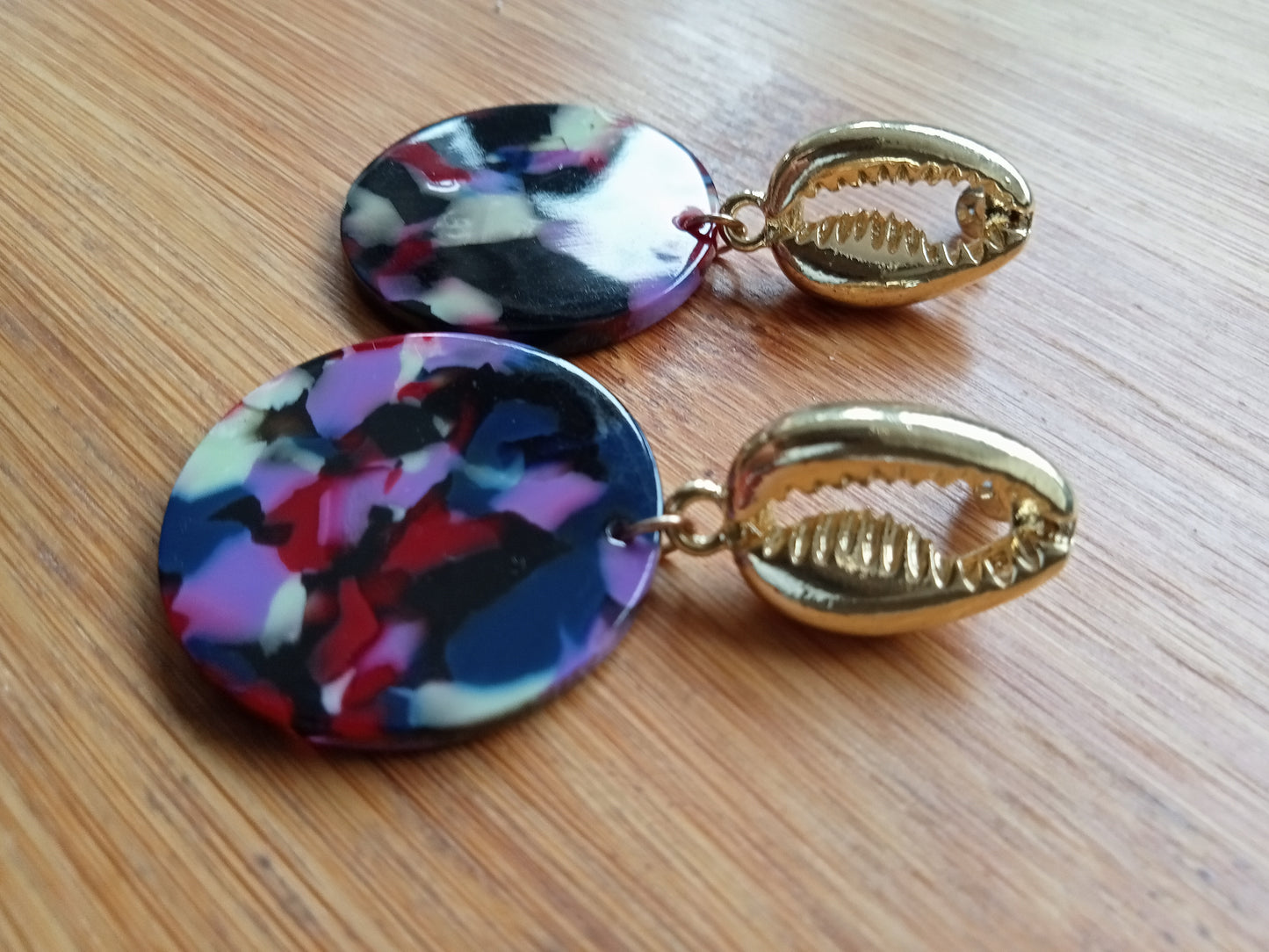 Gold Cowrie Shell with Multicolored Marble Resin Circle Earrings