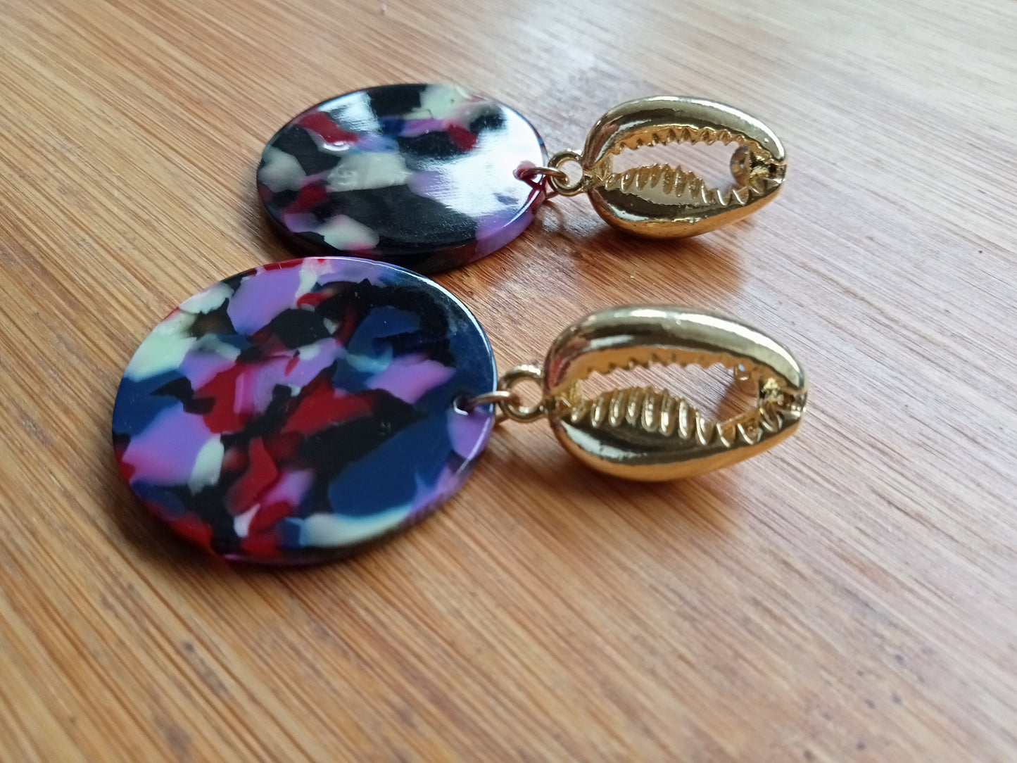 Gold Cowrie Shell with Multicolored Marble Resin Circle Earrings
