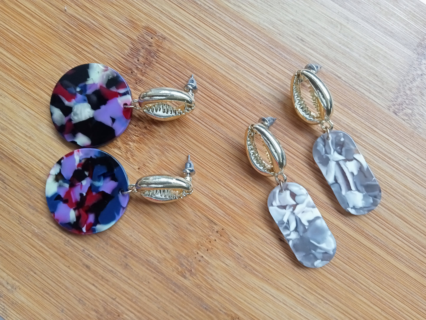 Gold Cowrie Shell with Grey and White Marble Resin Oblong Earrings