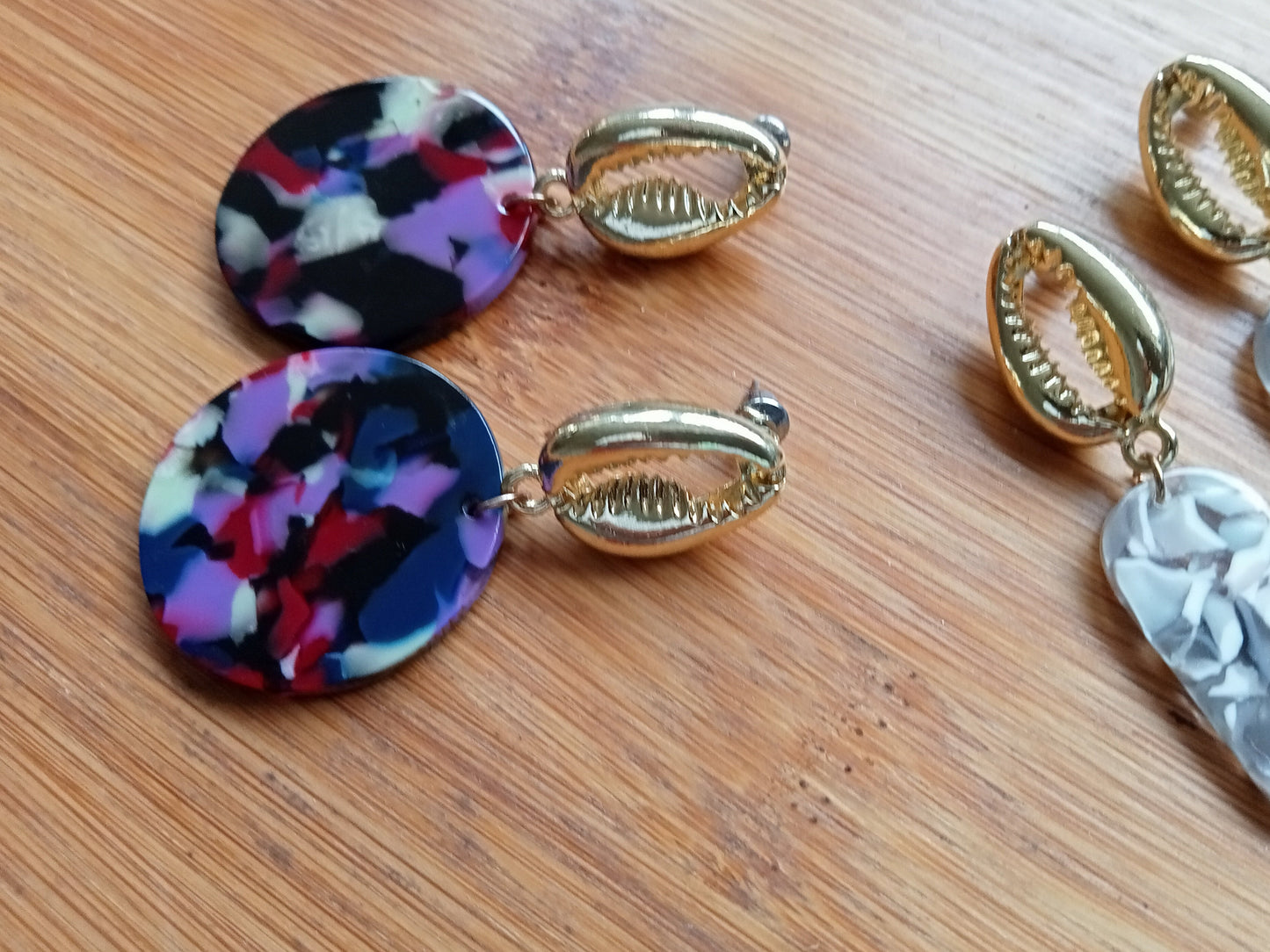 Gold Cowrie Shell with Multicolored Marble Resin Circle Earrings