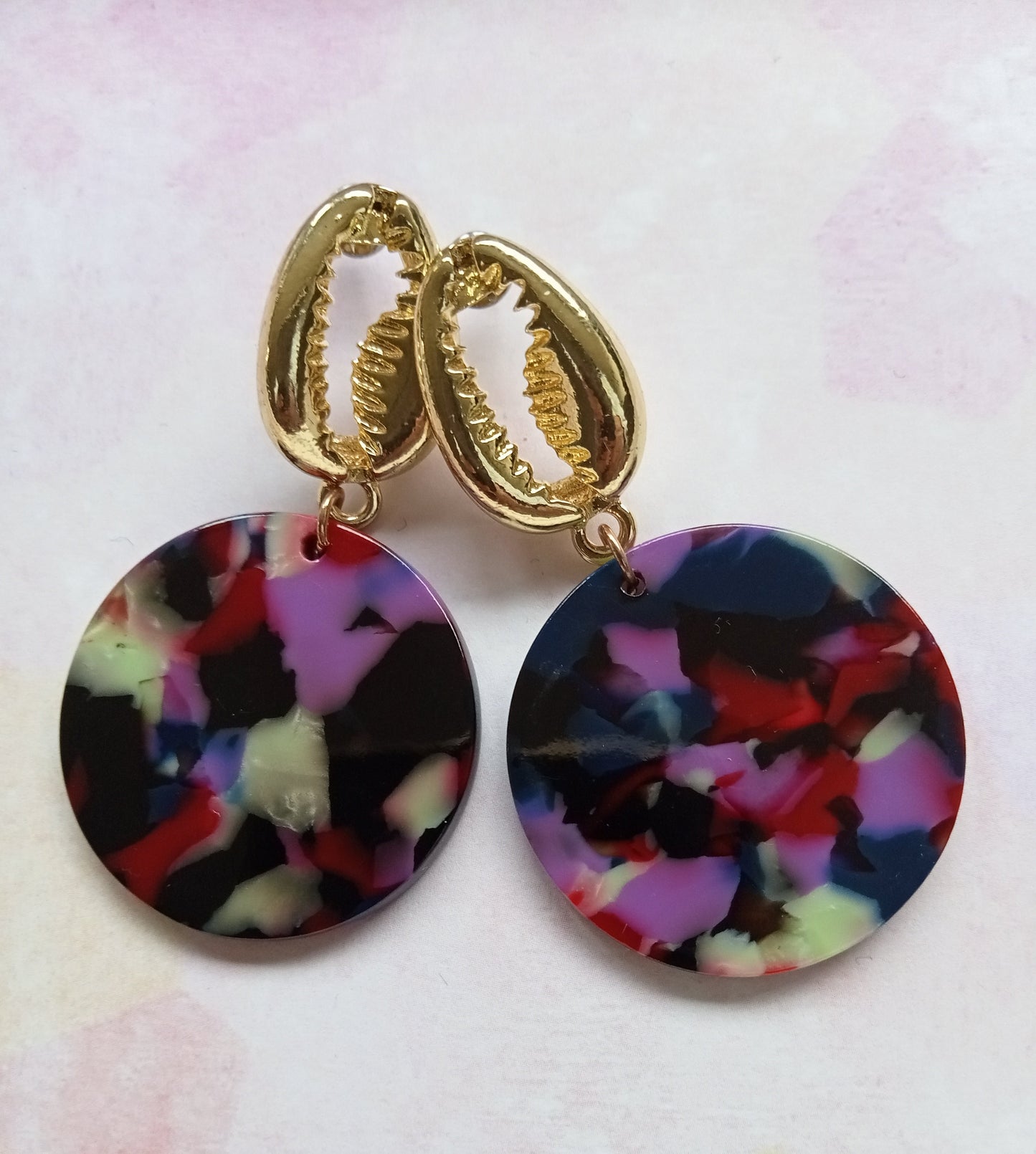 Gold Cowrie Shell with Multicolored Marble Resin Circle Earrings