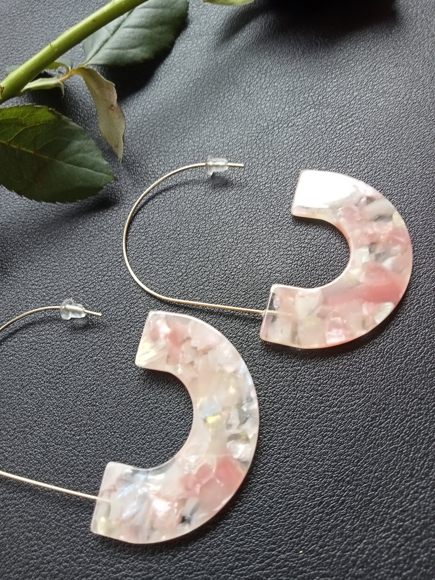 Pink and Clear Marbled Resin Hoop Earrings