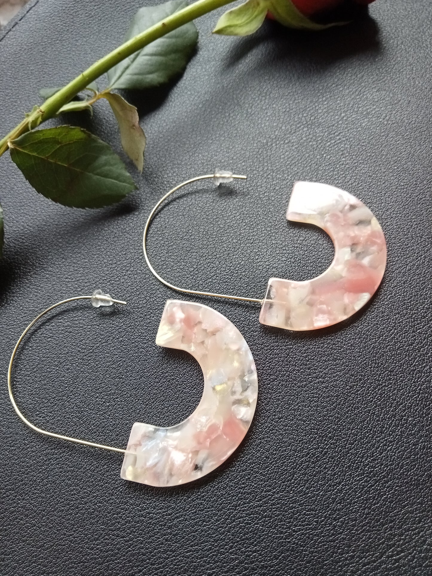 Pink and Clear Marbled Resin Hoop Earrings
