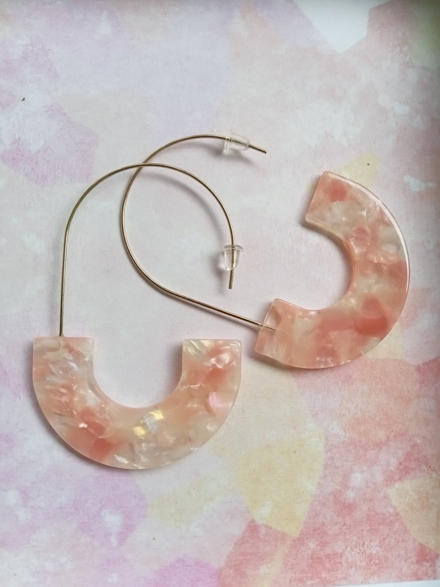 Pink and Clear Marbled Resin Hoop Earrings