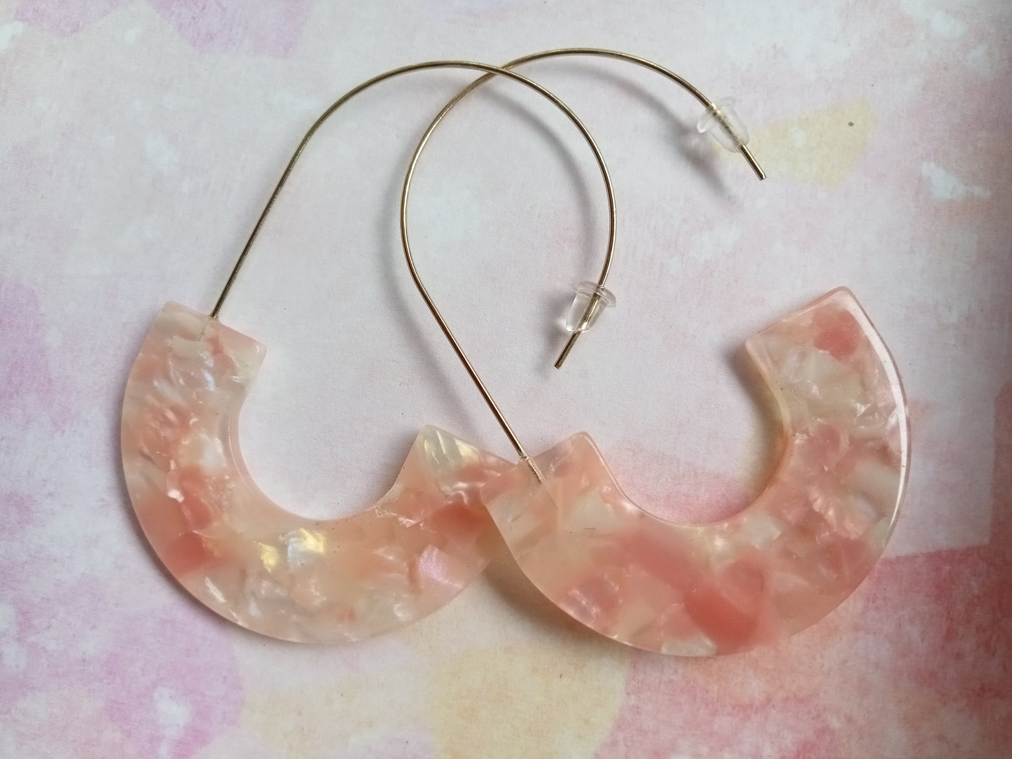 Pink and Clear Marbled Resin Hoop Earrings