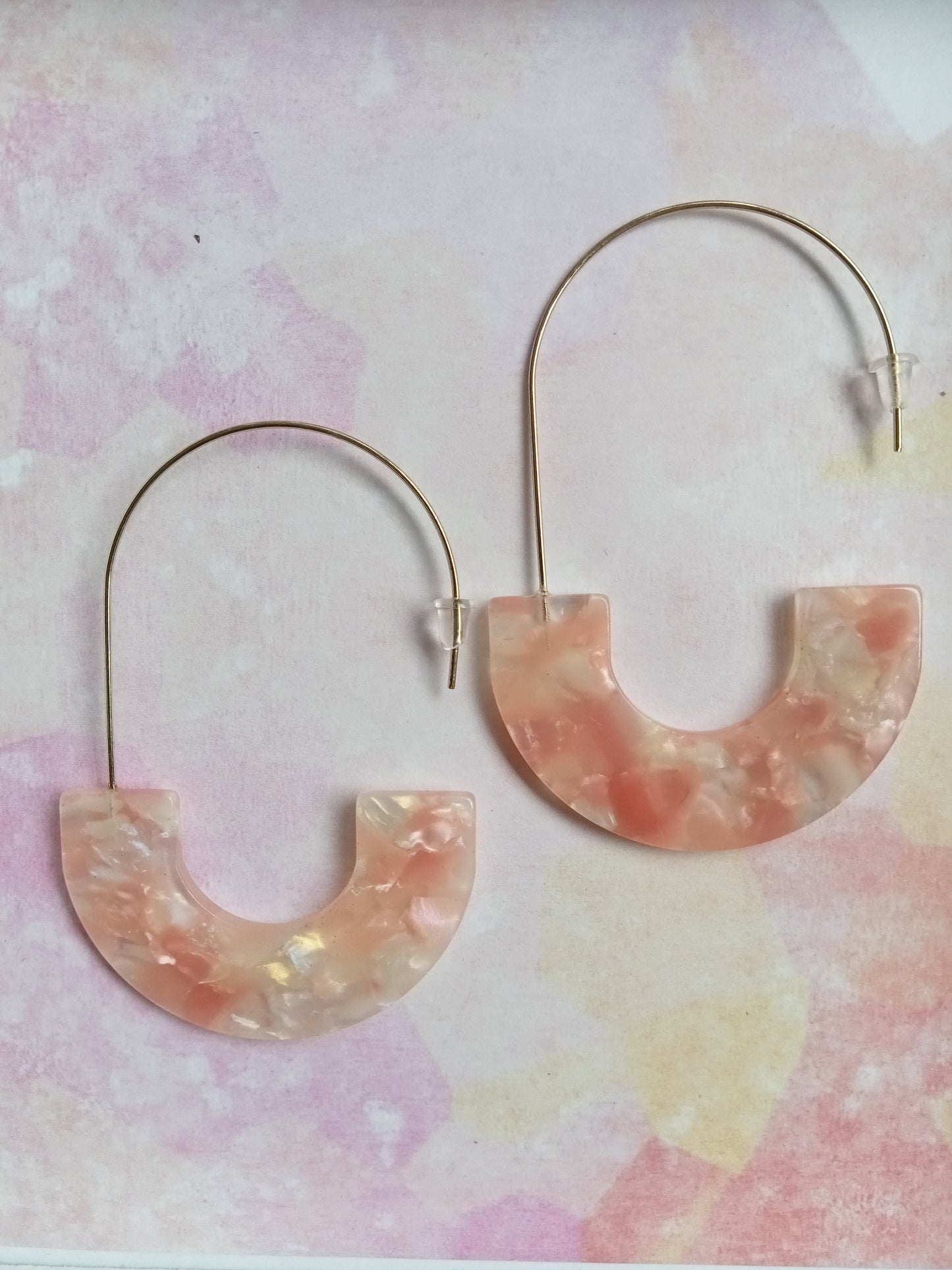 Pink and Clear Marbled Resin Hoop Earrings