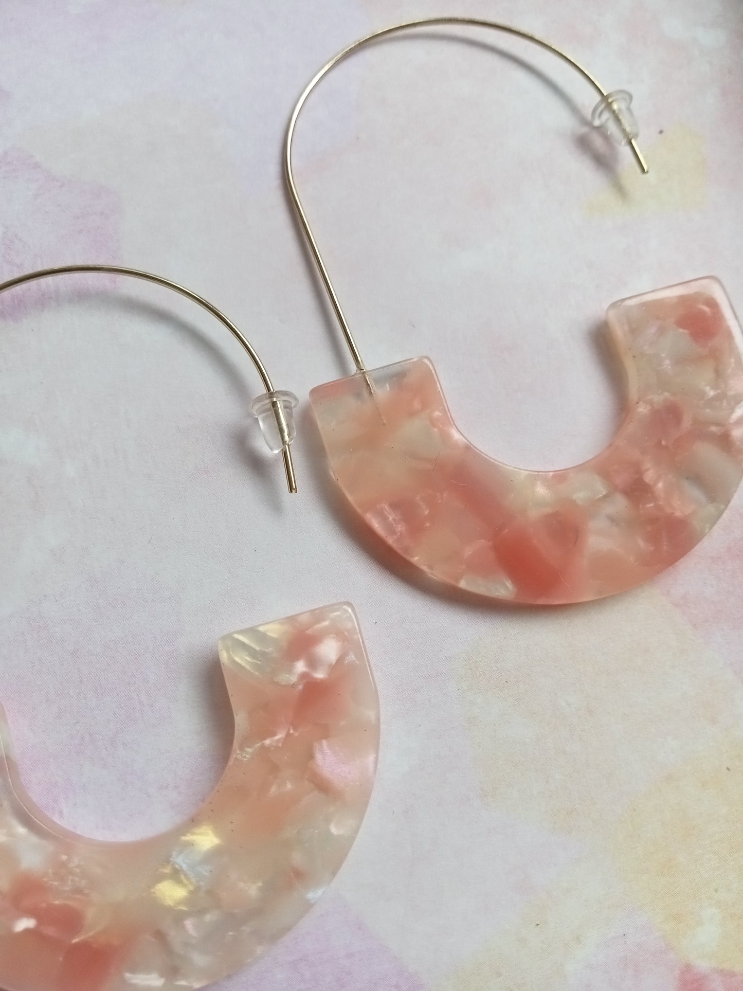 Pink and Clear Marbled Resin Hoop Earrings