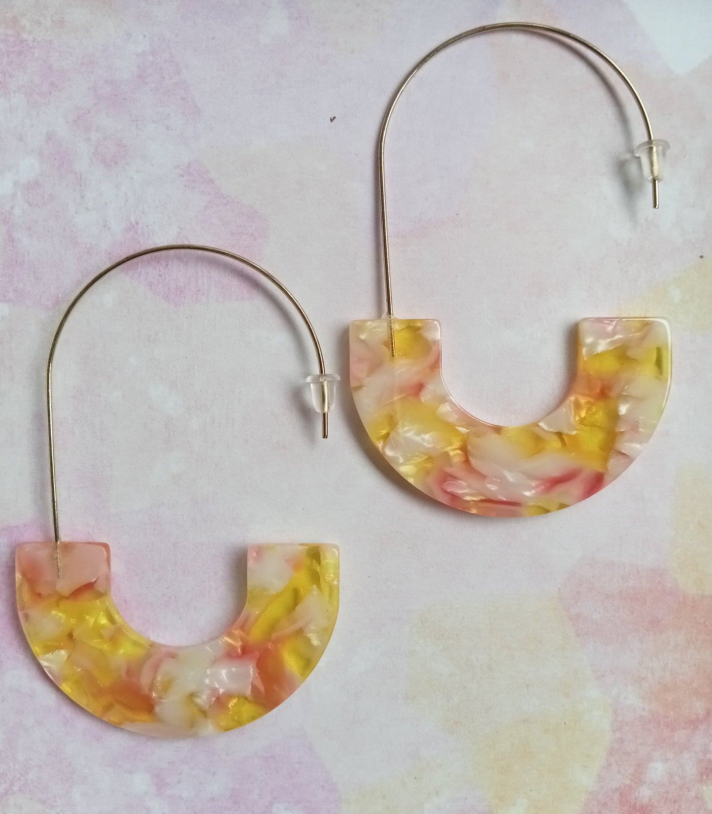 Pink and Yellow Marbled Resin Hoop Earrings