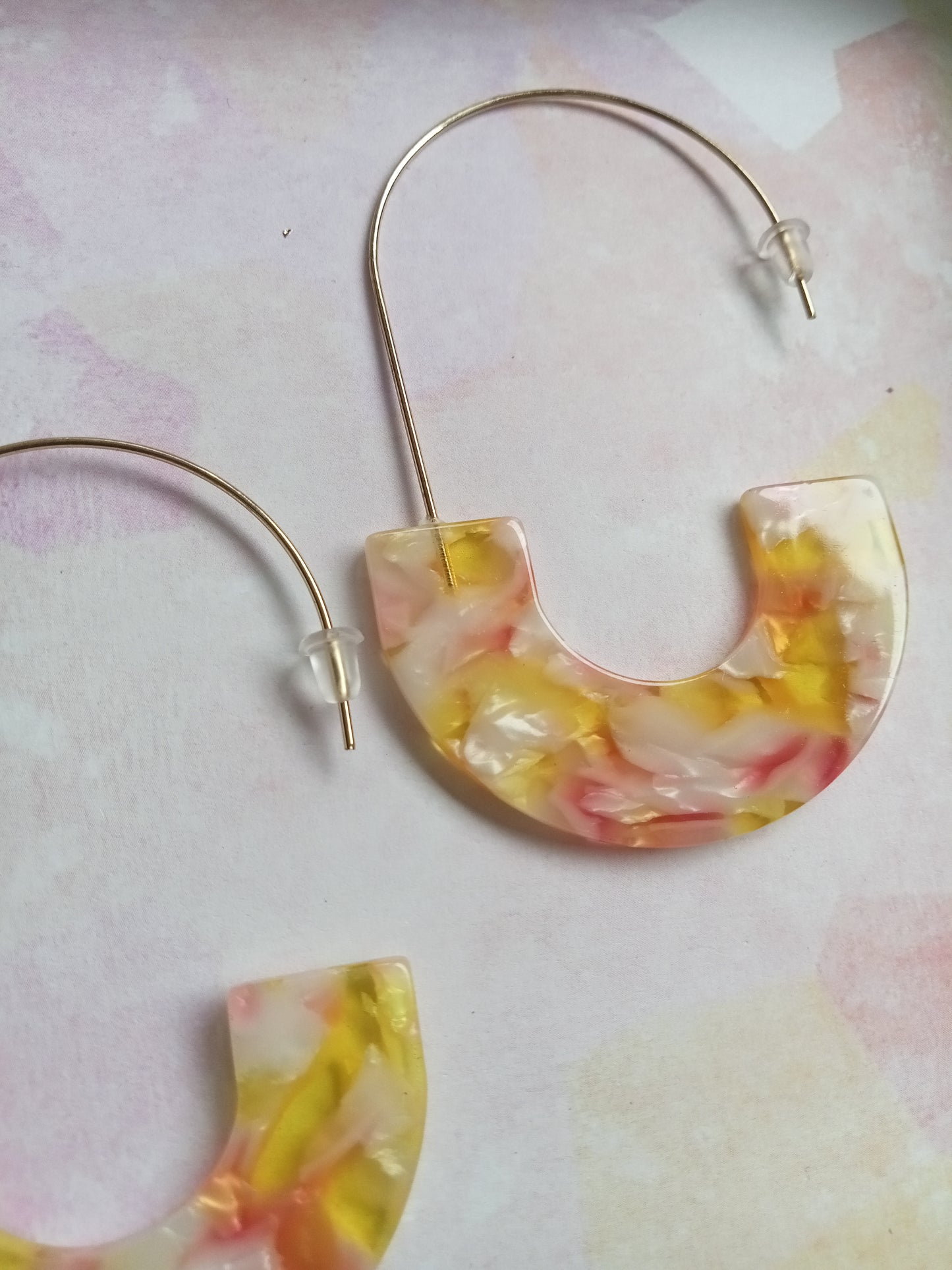 Pink and Yellow Marbled Resin Hoop Earrings