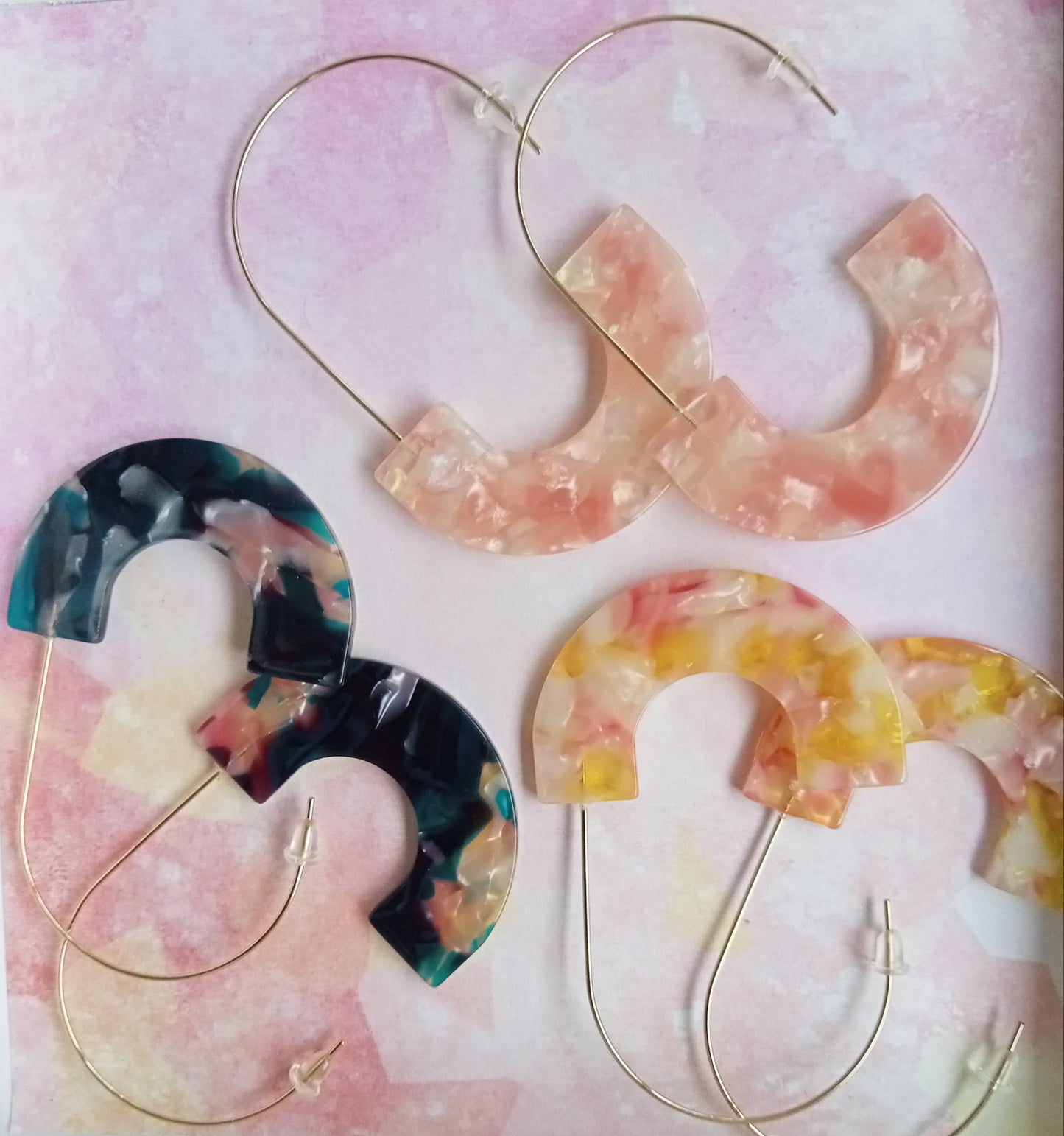 Pink and Yellow Marbled Resin Hoop Earrings