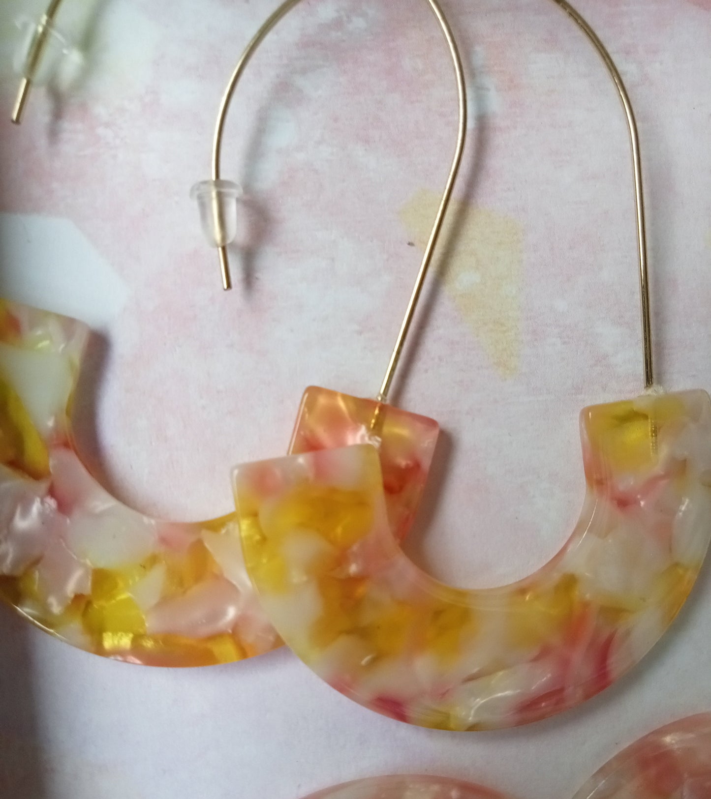 Pink and Yellow Marbled Resin Hoop Earrings