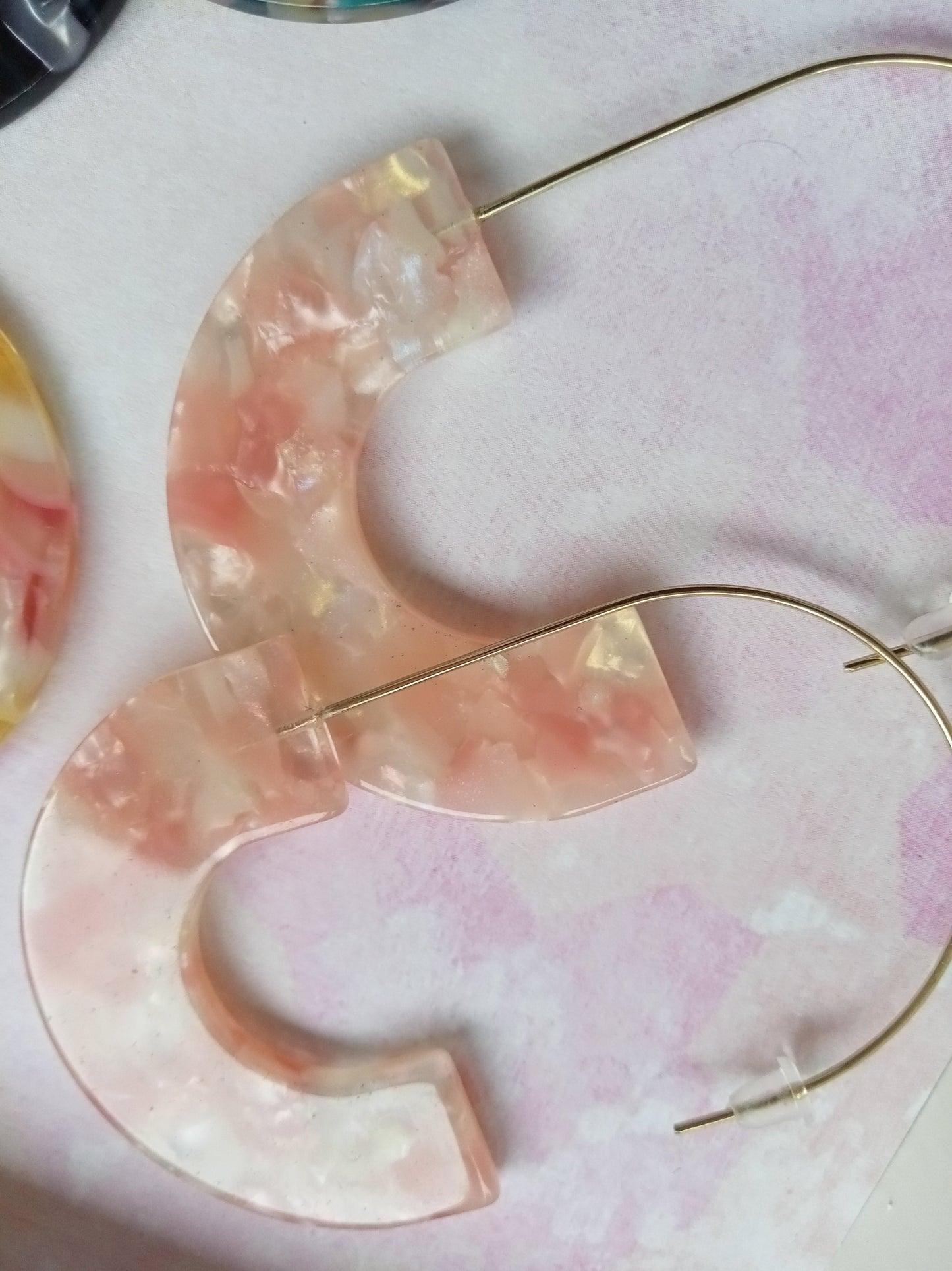 Pink and Clear Marbled Resin Hoop Earrings