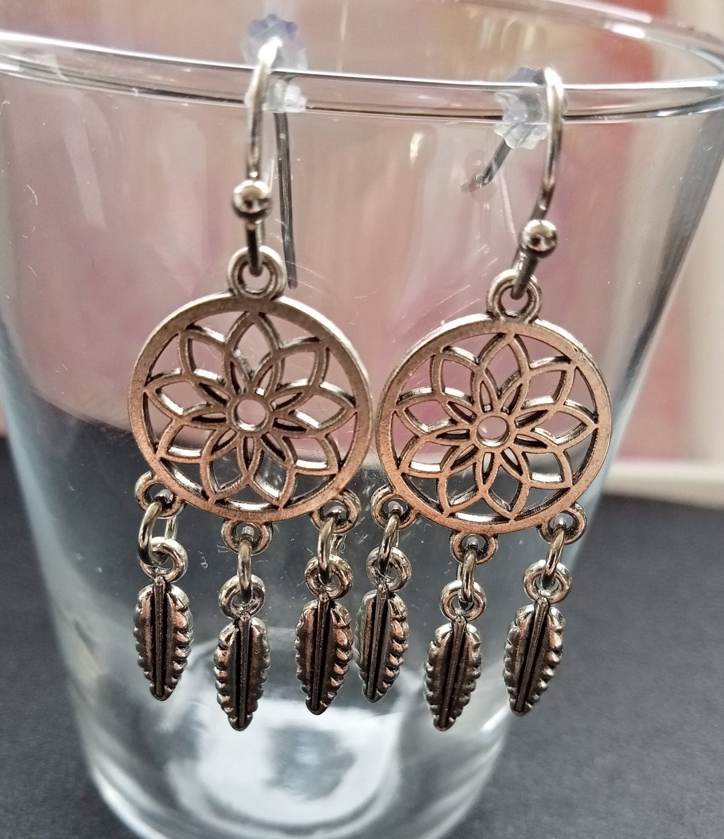 Silver Dreamcatcher Feathered Earrings