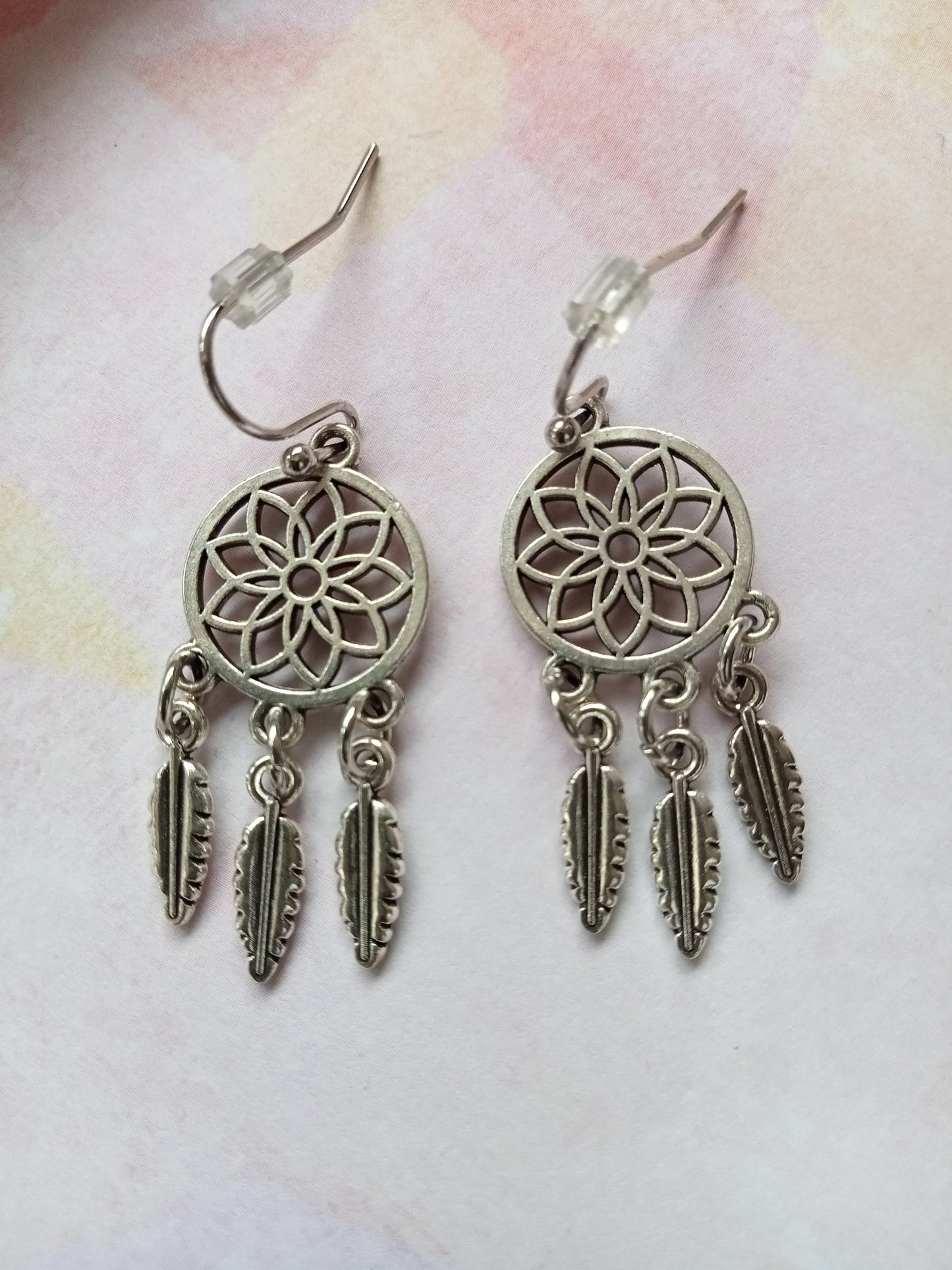 Silver Dreamcatcher Feathered Earrings