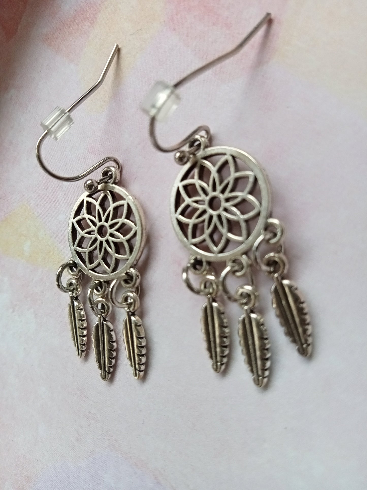 Silver Dreamcatcher Feathered Earrings