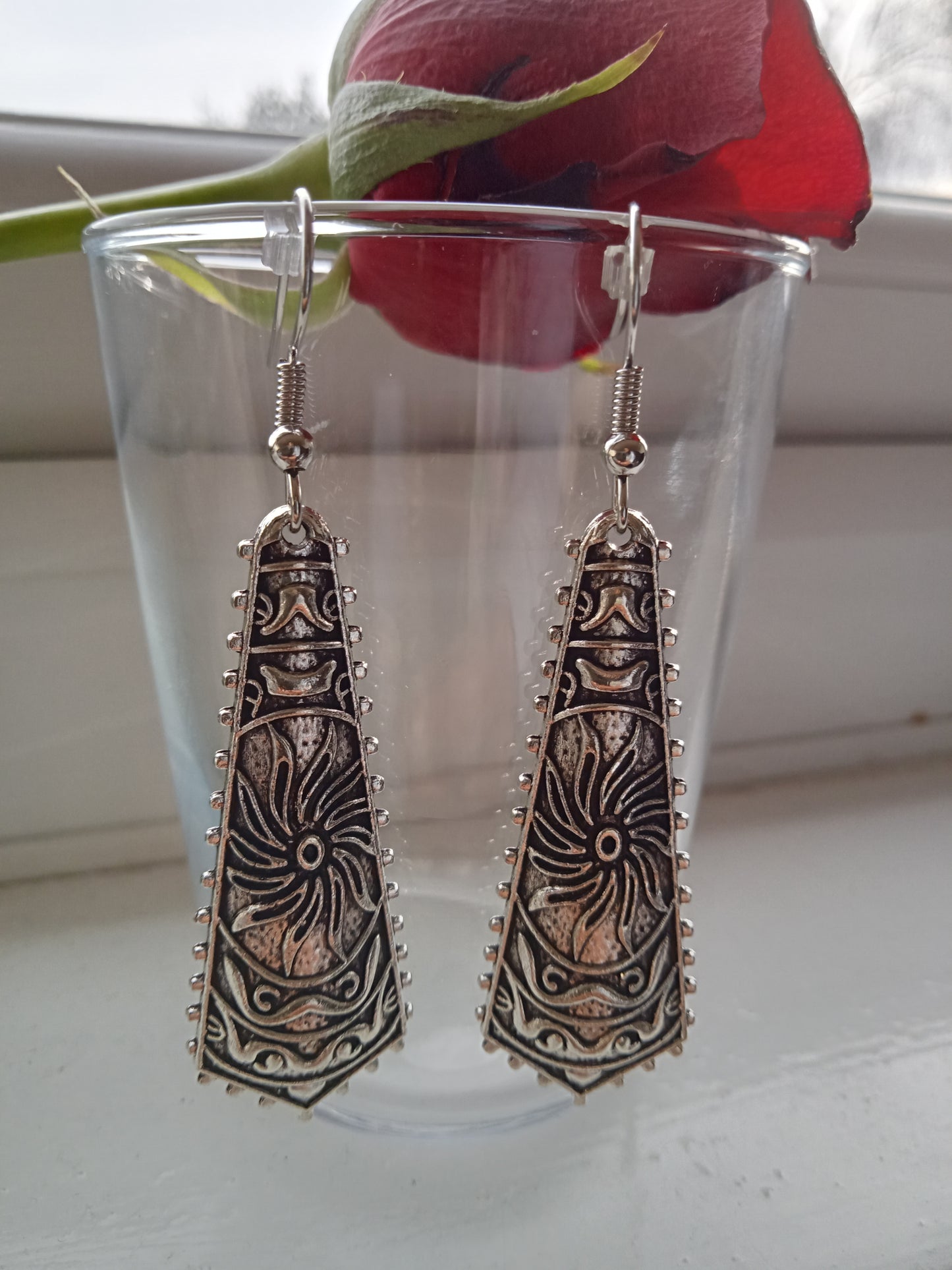 Silver Ethnic Engraved Tribal Earrings