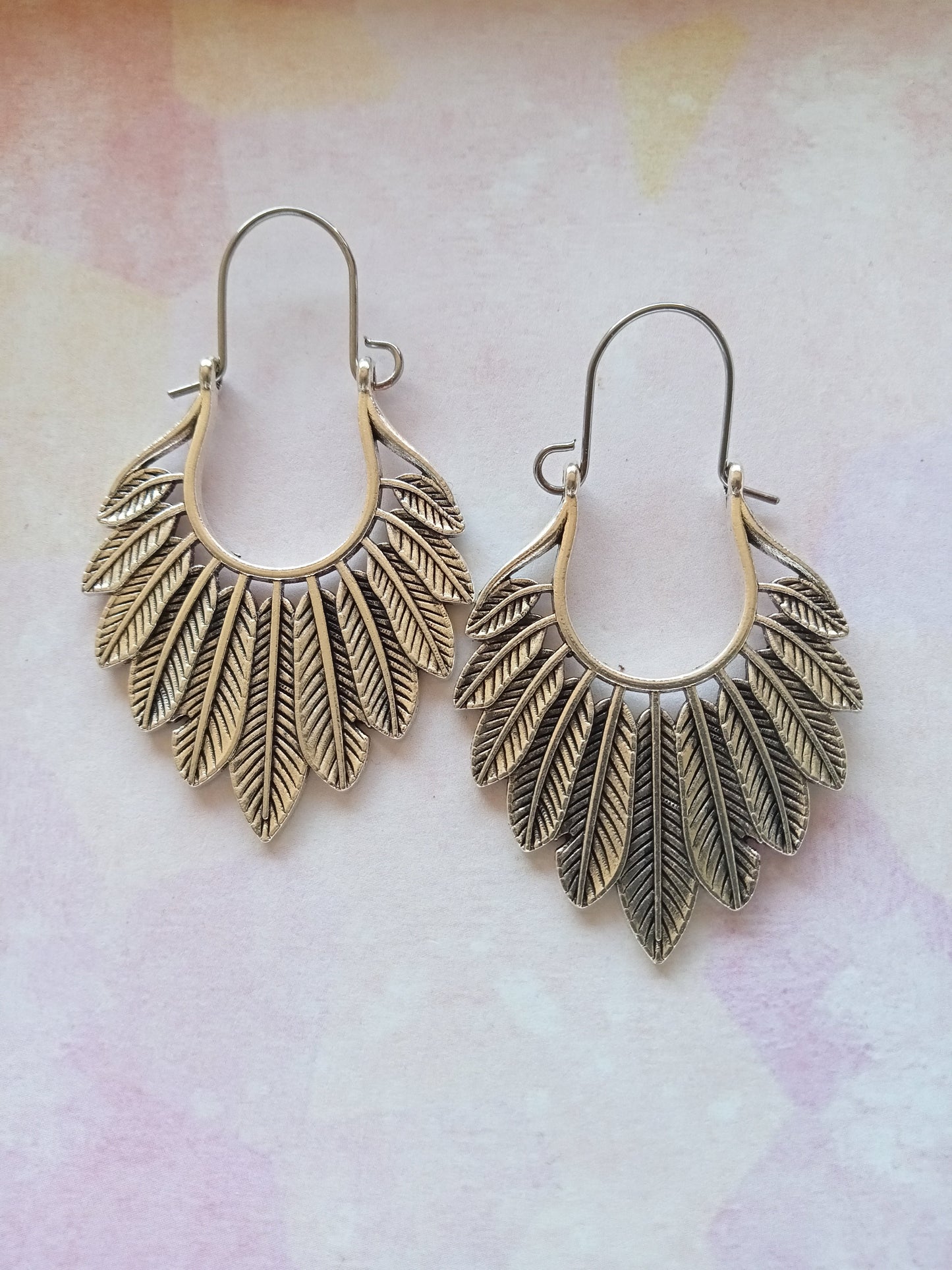 Silver Multifeather Engraved Earrings