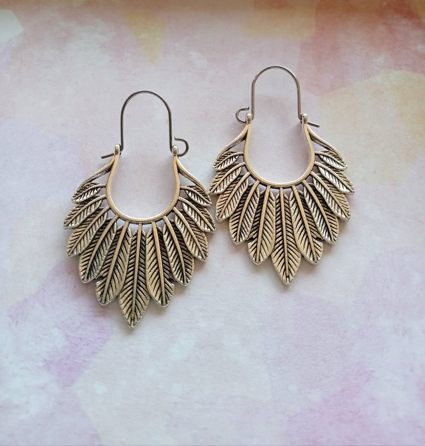 Silver Multifeather Engraved Earrings