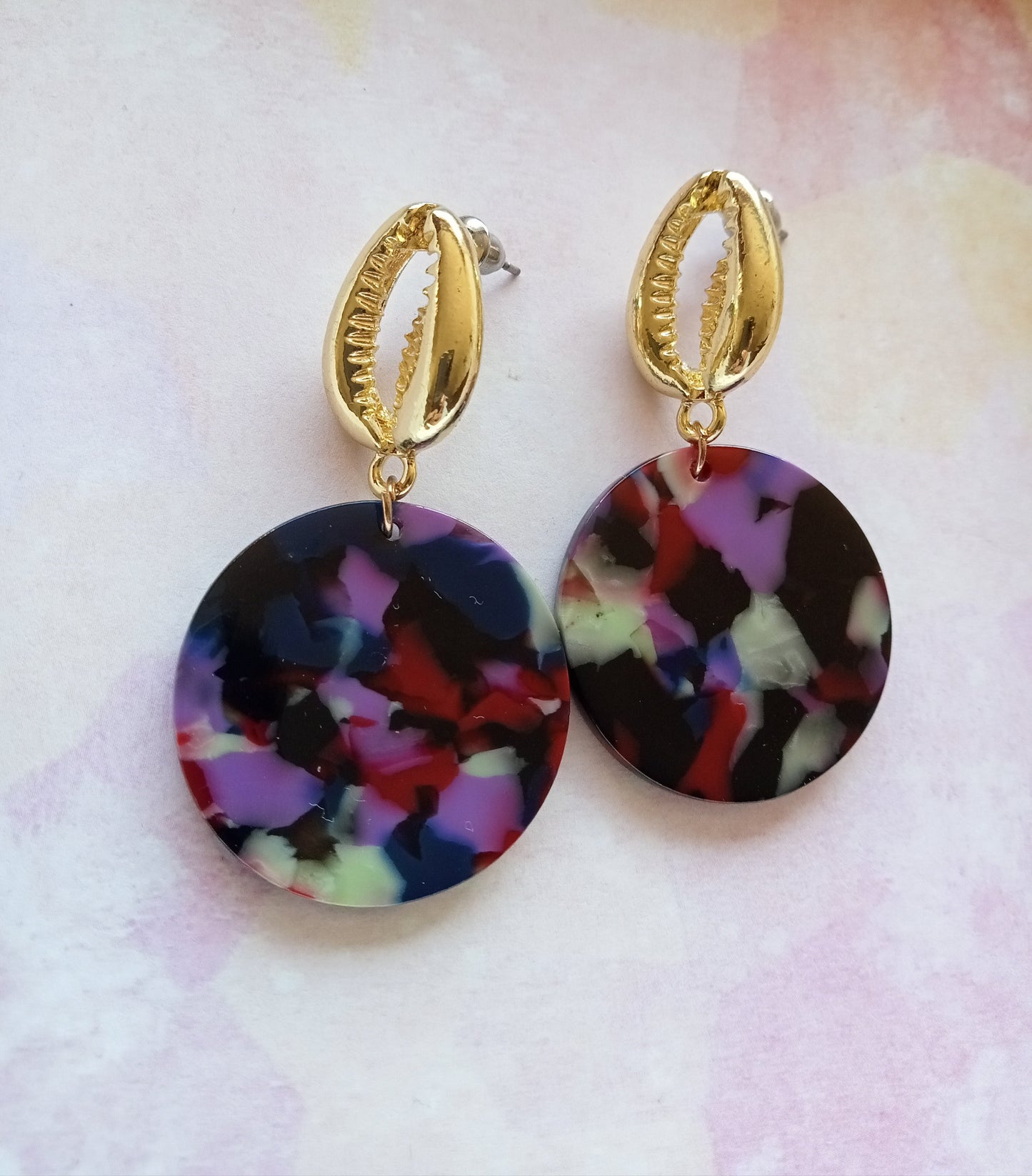 Gold Cowrie Shell with Multicolored Marble Resin Circle Earrings