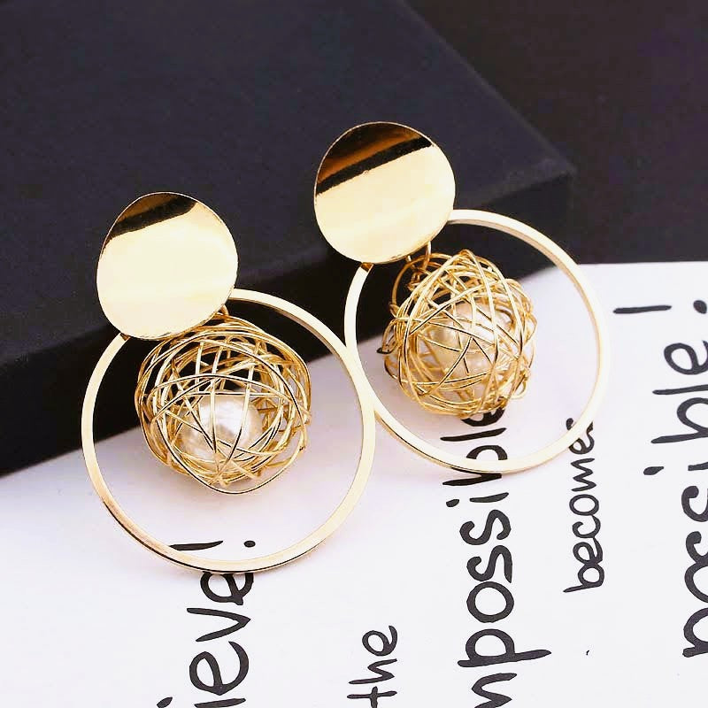 Gold Circle Nested-Pearl Earrings