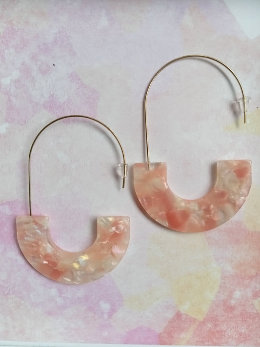 Pink and Clear Marbled Resin Hoop Earrings